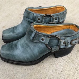FRYE Harness Slip On Booties Mules Distressed Blue Leather Size 6